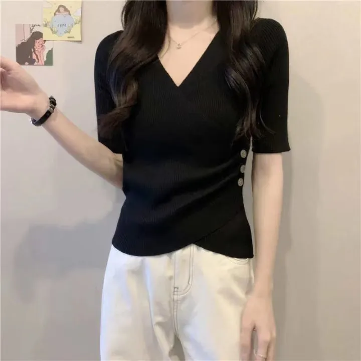 Summer%20French%20Minority%20Design%20Sense%20v%20Collar%20Slim%20Top%20Ice%20Silk%20Short%20Sleeve%20Bottoming%20Sweater%20T%20T-shirt%20Women's%20Spring%20and%20Autumn%20Thin%20Fashion%20-%20Image%207