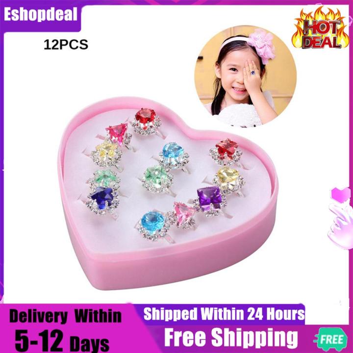【BestGO】12pcs Child Ring Beautiful Colorful Diamante Ring Set Gift With Heart-Shaped Box for Girl Kid Child