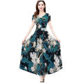 Fashion Casual Women O-Neck Short Sleeve Long Printed Slim A-Line Dress. 