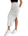 Women's Solid Split Thigh Skirt Casual Summer Dress with Ruched Sides and Elastic Waistband. 