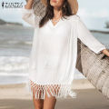 【FOOT SOFA】Womens Solid V-Neck 3/4 Sleeve Dress Holiday Beach Tassel Patchwork Mini Sundress #15. 