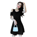 Yfashion Women High Waist Dress Fashion Short Sleeves Waist-in A-line Skirt Sweet Solid Color Short Dress color. 