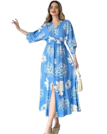 Neetu%20Collection%20Women's%203/4%20Sleeves%20Rayon%20Fabric%20V%20Neck%20Front%20Slit%20Flower%20Printed%20Midi%20Dress%20for%20Wedding%20Party%20&%20Festive%20-%20Pink%20-%20Image%204