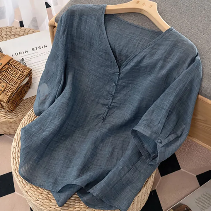 bellylady%20Women%20Cotton%20Linen%20Tops%20Retro%20Loose%20Solid%20Color%20Blouse%20Elegant%20V%20Neck%20Pullover%20Short%20Sleeves%20Shirt%20-%20Image%206
