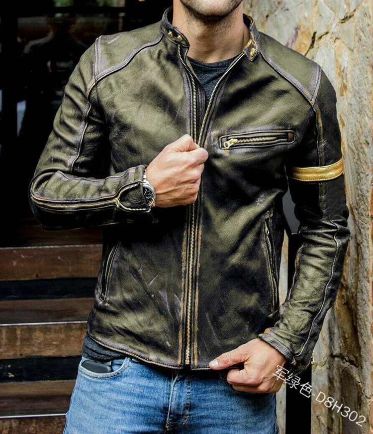 Yfashion Men Cotton Stand Collar Leather Jacket Zipper Motorcycle Lightweight Faux Leather Outwear With Multi pockets Daraz.lk