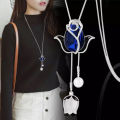 Shifa shop tulip hanging crystal blue wash fashion unique empty pendant sweater necklace silver chain long necklace women. 