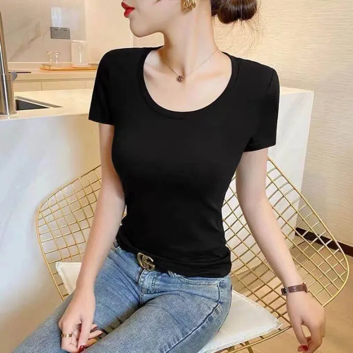 T%20shirt%20women%E3%80%902%20Pack%20%E3%80%91100%20cotton%202022%20summer%20white%20black%20short-sleeve%20-%20Image%206