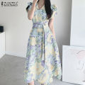 【WEJA】 Korean Style Womens Floral Printed A-Line Sundress Elegant V-Neck Collect Waist Dress #11. 