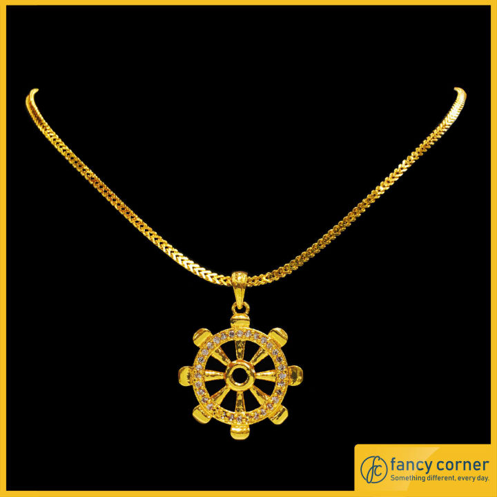 Gold Plated Flat Fox Chain with Dharmachakra Pendant with White Crystal ...