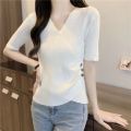 Summer French Minority Design Sense v Collar Slim Top Ice Silk Short Sleeve Bottoming Sweater T T-shirt Women's Spring and Autumn Thin Fashion. 