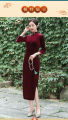 bellylady Women Cotton Velvet Cheongsam Dress Elegant Slim Fit Stand Collar Fashion Retro Solid Color Large Size Cheongsam. 