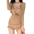 bellylady 2pcs Women Cotton Sexy Swimsuit Trendy Solid Color High Waist Slim Fit One-piece Swimwear For Hot Spring. 