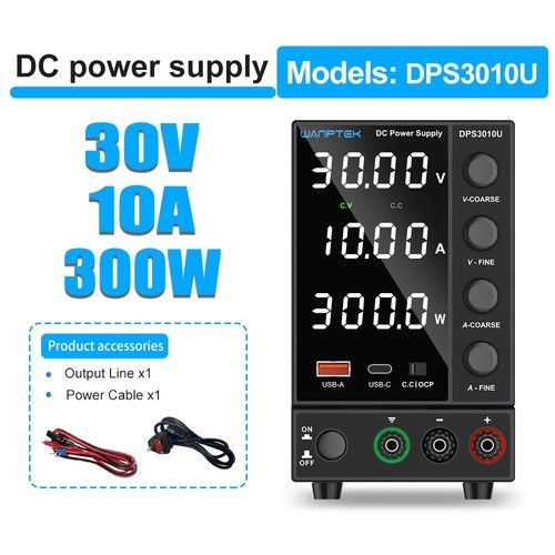 WANPTEK DPS3010U Solid-state Adjustable Regulated DC Power Supply, 30V 10A, Encoder Adjustment, USB Type-C Fast Charge, 4-Digit Display, Low Ripple, Low Noise, Cooling Fan Black - UK Plug