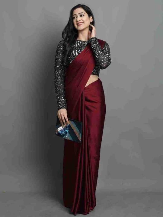 Stunning Party wear Solid Plain Satin Saree With Heavy Sequin Work Blouse