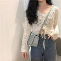 Spring and Summer New Hollow Sweater v Collar Short Loose Women's Long Sleeve Net Hole Top Drawstring Blouse Thin Sweater Women. 