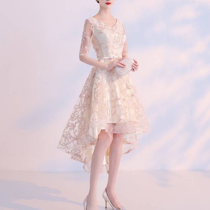 Banquet%20Evening%20Dress%202024%20New%20Spring%20and%20Summer%20Korean%20Style%20Short%20Front%20and%20Long%20Back%20Fairy%20Dress%20Bridesmaid%20Dress%20Women's%20Slimming%20-%20Image%203