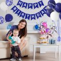 Navy Blue Happy Birthday Banner 30 pcs (10 pc White 10pc Royal Blue 5pc Confetti 5pc Metalic chrome) Latex Balloon and Banner for Boys Girls Birthday Party Decorations. 