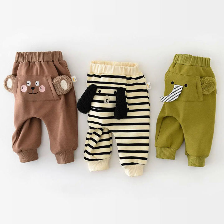 Autumn Winter Animal Style Children Plus Velvet Thicken Fashion Pants Boy Girl Baby Cute Cartoon Striped Cotton Casual Trousers