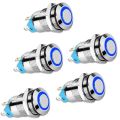 BRADOO- 5PCS 12mm Latching Push Button Switch High Round Cap, Waterproof Metal Push Button Switch with 12V/24V Blue Light. 