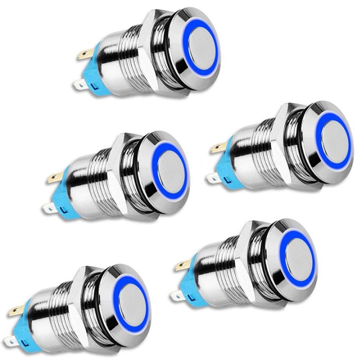 BRADOO- 5PCS 12mm Latching Push Button Switch High Round Cap, Waterproof Metal Push Button Switch with 12V/24V Blue Light