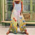 Yfashion Women Cotton Jumpsuit Fashion Printing Boat Collar Sleeveless Strap Rompers Loose Wide-leg Jumpsuits color. 