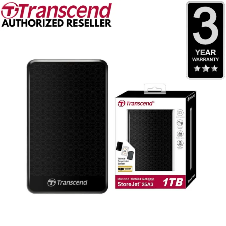 Original Transcend 1TB StoreJet 25A3 External Hard Drive (USB 3.1) - 3 Years International Brand Warranty