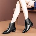 Warm Booties Mother's Leather Low Female Big Dongge Autumn and Winter Short 2024 Women's Chunky Leather Boots Heel Pointed Toe ˆ. 