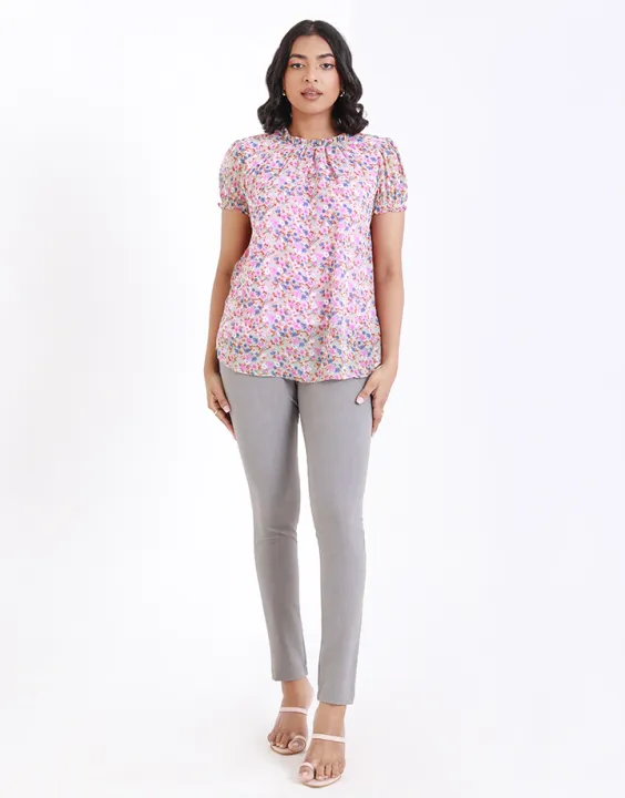 Spring & Summer Floral Puff Sleeves Top with Back Keyhole