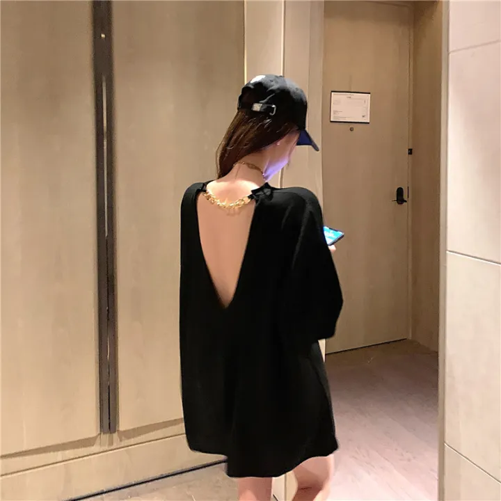 2023New%20Women's%20Spring%20Clothing%20Western%20Style%20Backless%20Short%20Sleeve%20Loose%20Chain%20Top%20Mid-LengthTT-shirt-%20-%20Image%203