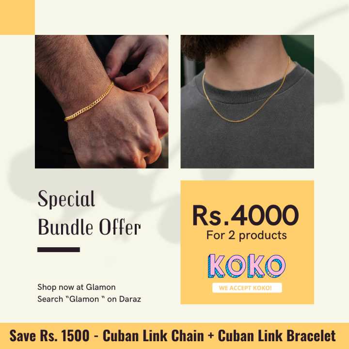 Glamon Bundle OFFER - Gold Color 2mm Cuban Link Chain & 4mm Cuban Link Bracelet For men women gold plated jewellery gift pack