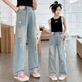 Girls' Ripped Jeans 2024 Summer New Internet Celebrity Girls' Retro Loose Thin Children's Narrow Wide-Leg Pants. 