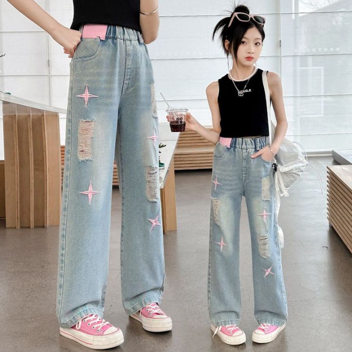 Girls'%20Ripped%20Jeans%202024%20Summer%20New%20Internet%20Celebrity%20Girls'%20Retro%20Loose%20Thin%20Children's%20Narrow%20Wide-Leg%20Pants%20-%20Image%205