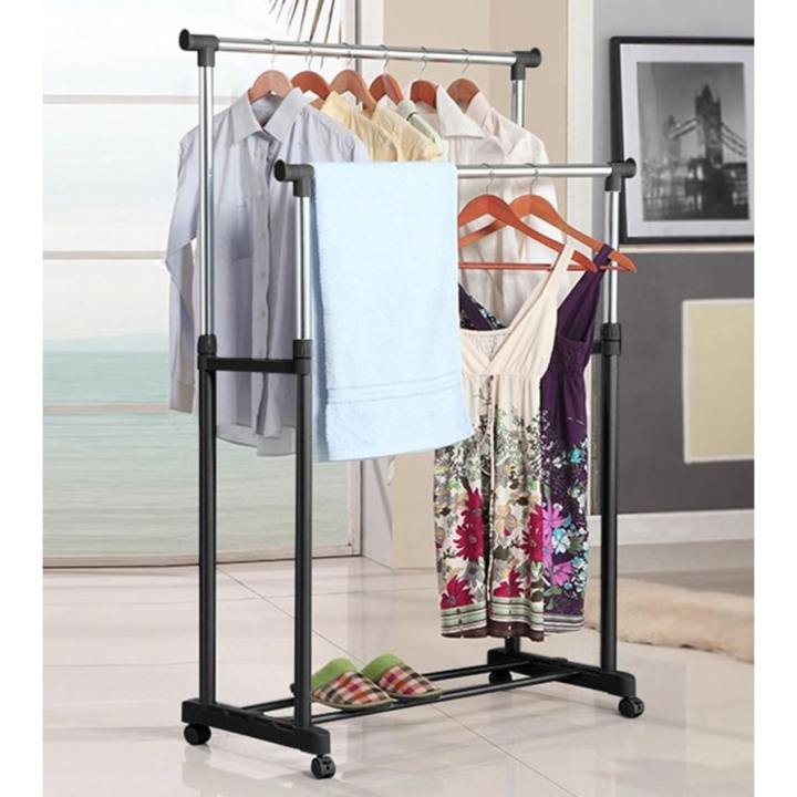 Double%20Pole%20Stainless%20Steel%20Clothes%20Rack%20-%20Silver%20Double%20Pole%20Telescopic%20Clothes%20Hanger,%20Garment%20Drying%20Rack%20with%20Rolling%20Wheels%20Steel%20Floor%20Cloth%20Dryer%20Stand%20-%20Image%203