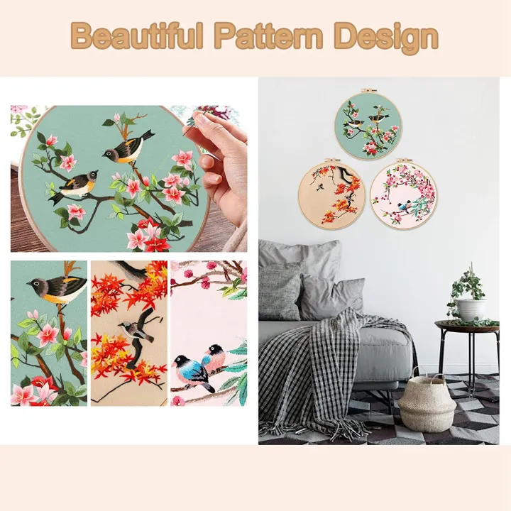 3%20Pack%20Embroidery%20Starter%20Kit%20for%20Beginners,%20Cross%20Stitch%20Kits%20for%20Adults%20Include%203%20Embroidery%20Cloth%20with%20Birds%20Pattern%20-%20Image%202