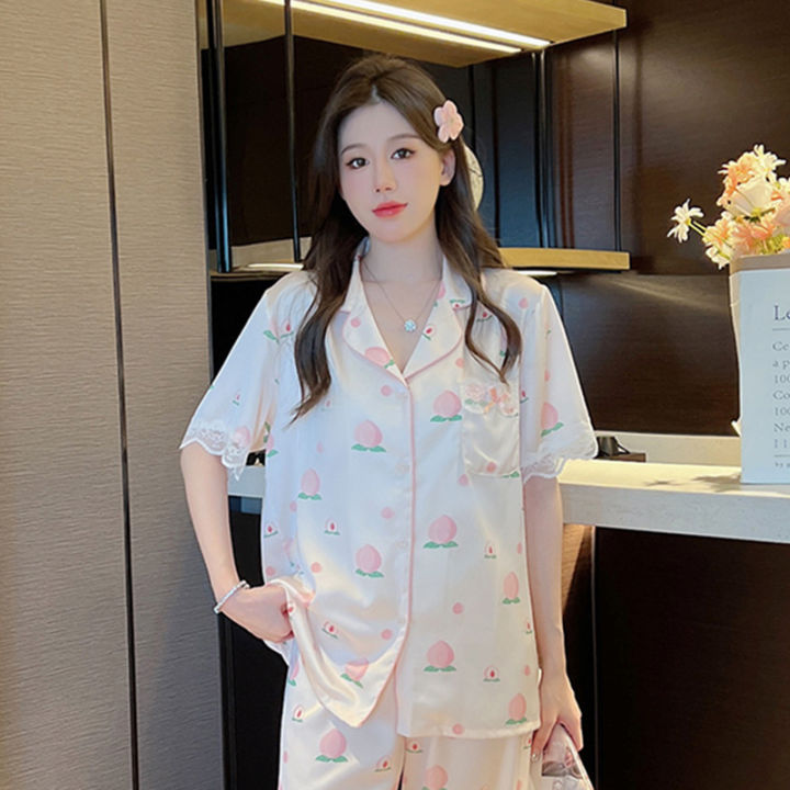 SYT%20Pajamas%20Women's%20Korean-Style%20Full%20Print%20High-End%20Ice%20Silk%20Cute%20Pink%20Peach%20Sweet%20Girl%20Ins%20Student%20Home%20Clothes%20-%20Image%206