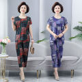 Middle-Aged and Elderly Women's Clothing Mom Grandma's Clothes Summer Clothes for the Elderly Summer Clothes Short Sleeve Suit Two-Piece Thin Ice Silk. 