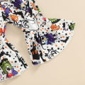 Toddler Girl Halloween Outfits, Cartoon Pattern Long Sleeve Ruffles Decor T-Shirt + Elastic Waist Flare Long Pants Set. 