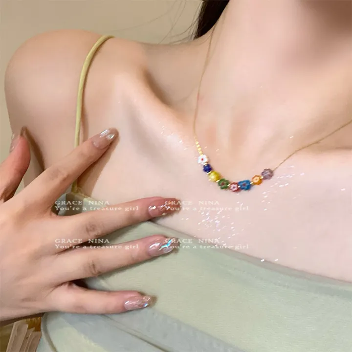 Korean%20Simple%20Cute%20Fashion%20Alloy%20Chain%20Jewelry%20Colorful%20Flower%20Beads%20Pendant%20Necklace%20For%20Women%20Girls%20-%20Image%202