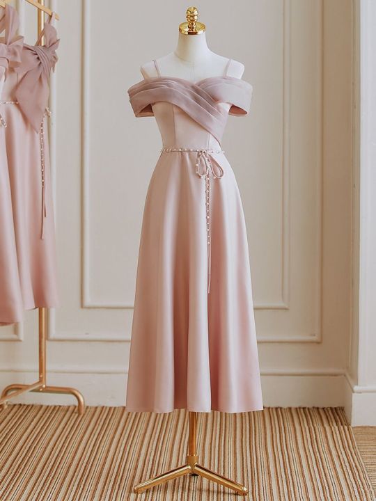 Pink Bridesmaid Dress 2024 New Summer Satin Niche High-Grade Sisters Group Evening Dress Women's Daily Style