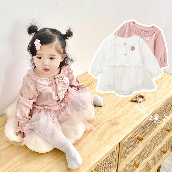 Princess Baby Girl Bodysuit Cotton Newborn Baby Clothing Cute Tulle Long Sleeves Infant Bodysuits