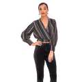 Lantern Sleeve Contrast Striped Wrap Top. 