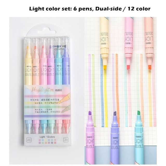 【The Quiet Page】6pcs Light Highlighter Pens Set 3mm Dual Ended Double Color Marker Liner Drawing Pen Paint Art Office School Supplies A6477