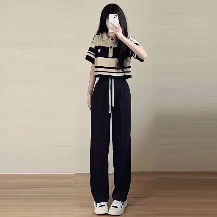Fashion%20Suit%20Women's%20Summer%20New%20Korean%20Style%20Loose%20Salt%20Wear%20StripedPoloCollar%20Top%20Wide%20Leg%20Pants%20Two-Piece%20Set%20-%20Image%208