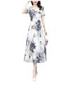 Yfashion Women Cotton Dress Summer V Neck Short Sleeve Waist Fit Pleated Loose Dress Floral Print Casual Long Dresses. 