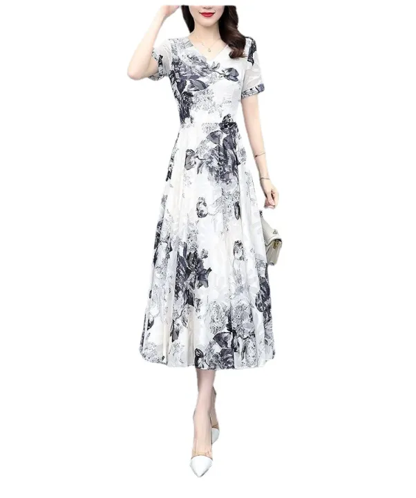 Yfashion%20Women%20Cotton%20Dress%20Summer%20V%20Neck%20Short%20Sleeve%20Waist%20Fit%20Pleated%20Loose%20Dress%20Floral%20Print%20Casual%20Long%20Dresses%20-%20Image%204