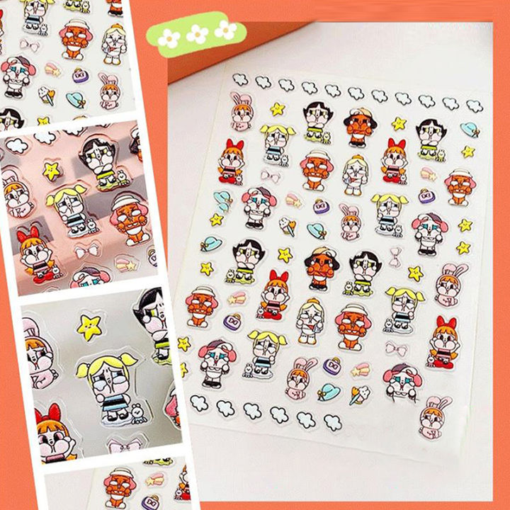 Cute Cartoon Bubble Mart Crybaby Nail Stickers Relief Nail Art DIY Decoration Embossed Nail Art Stickers Waterproof Stickers