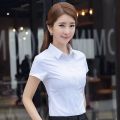 Thin Blue and White Short Sleeve Summer Slim Fit Business Workwear Shirt Women's White Shirt Work Clothes Slimming Elegant Formal Clothes Women. 