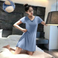 Pajamas Women's Summer One-Piece Short-Sleeved Dress with Chest Pad Mid-Length Student Cute Loungewear Can Be Worn outside. 