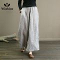 Yfashion Women Cotton Trendy Striped Wide Leg Pants Cotton Linen Loose Large Size Casual Trousers Straight Breathable Pants. 