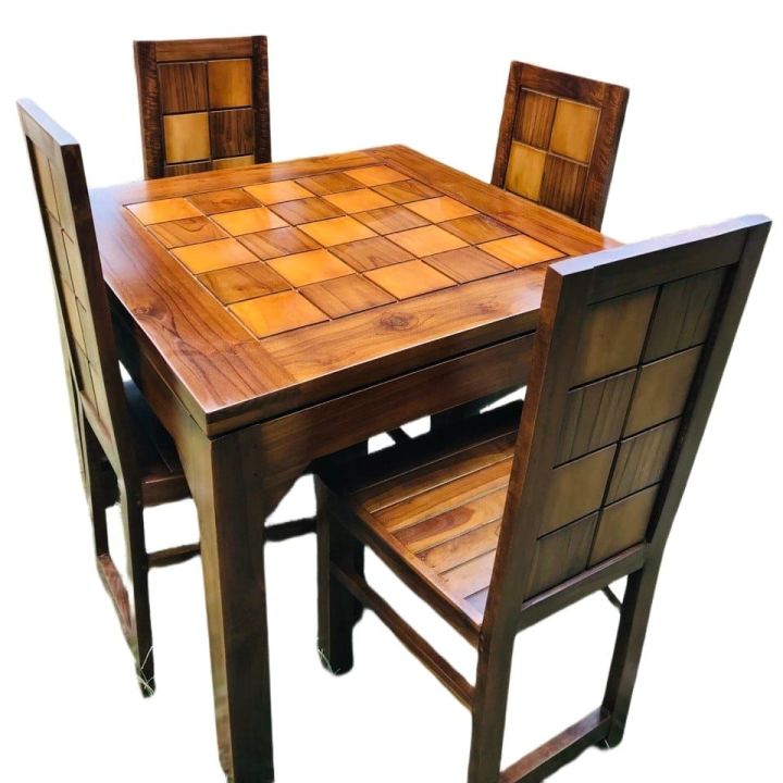 Wooden Square Design Teak & Burutha Dining Table + 4Chairs